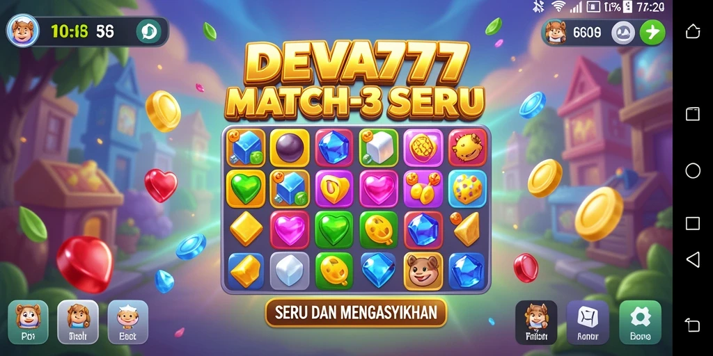Tangkapan layar permainan DEWA777 menampilkan aksi Match-3 yang dinamis dan penuh warna.