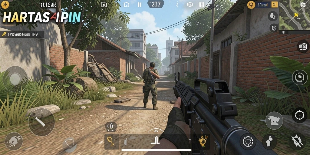 Screenshot HARTASPIN menampilkan aksi tembak-menembak yang mendebarkan.