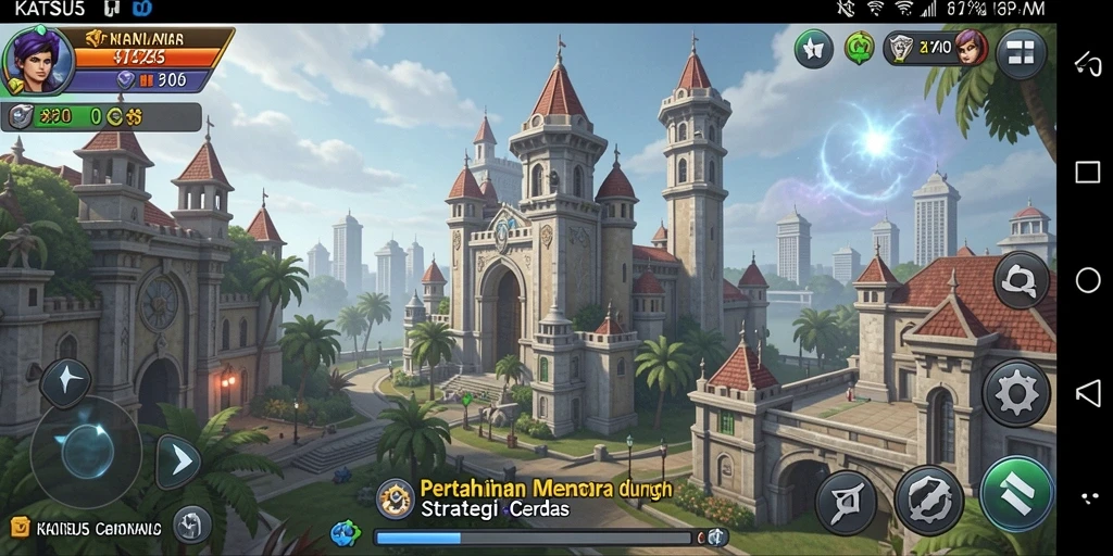 Screenshot gameplay KATSU5 menampilkan menara yang siap bertarung dengan musuh.