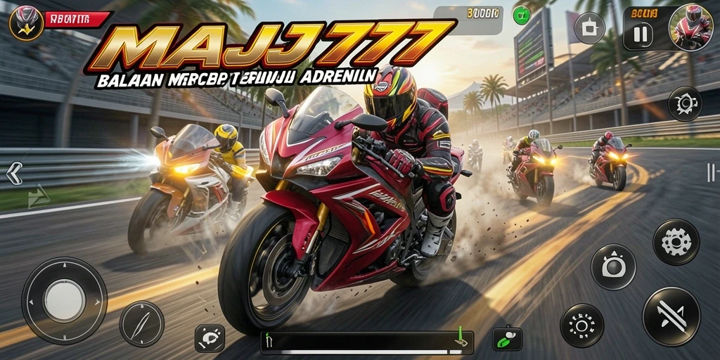 Screenshot gameplay MAJ777 menampilkan balapan motor yang mendebarkan.