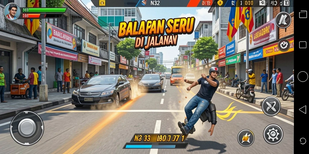 Screenshot gameplay N32 menampilkan balapan mendebarkan di jalan sibuk.