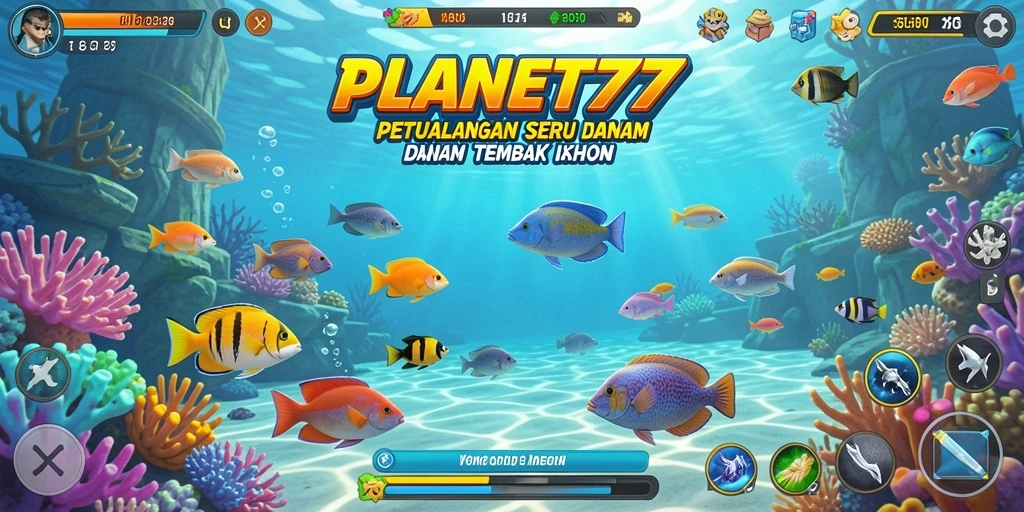 Screenshot menampilkan gameplay seru dari PLANET77 dengan aksi menembak ikan.