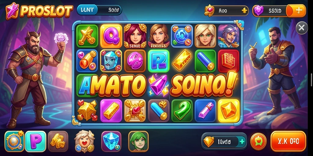 Tampilan gameplay PROSLOT dengan simbol-simbol berwarna cerah dan menawan.