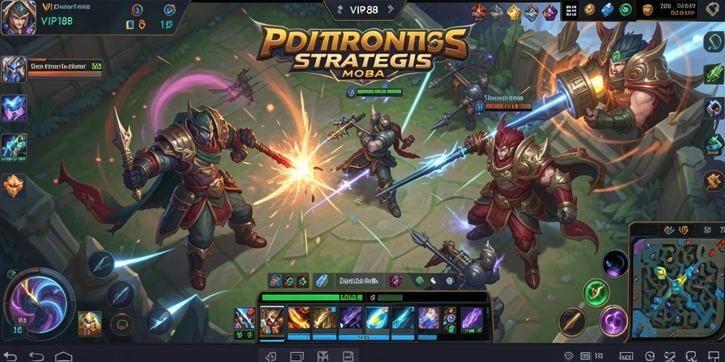 Screenshot gameplay MOBA VIP188 menunjukkan aksi pertempuran intens dan karakter unik.